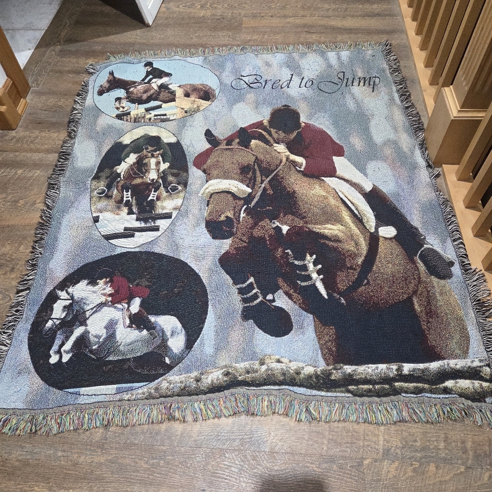 Vtg Horse Equestrian Woven Blanket